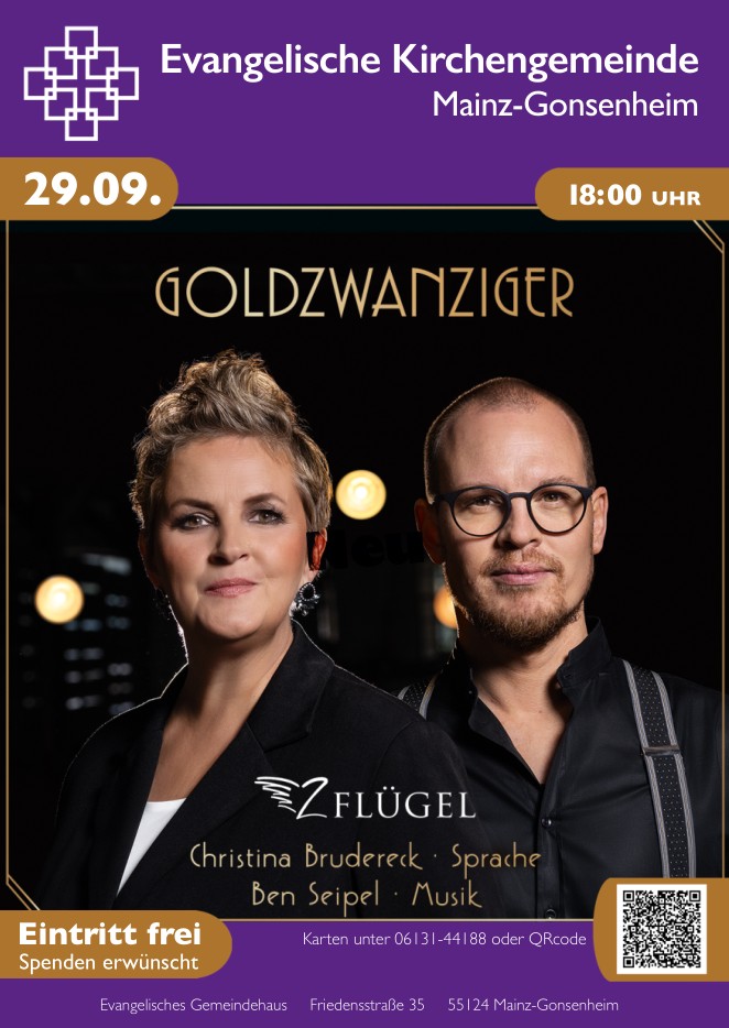 Plakat u. a. mit den beiden Darstellenden, 2Flügel-Logo und „goldener“ GOLDZWANZIGER-Schrift